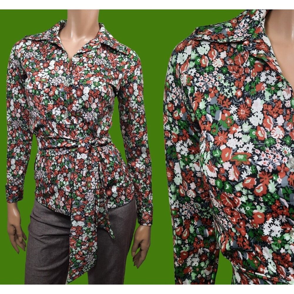 Vintage 70s Blouse Belted Floral Disco Dagger Collar Long Sleeve Button Up Sz S